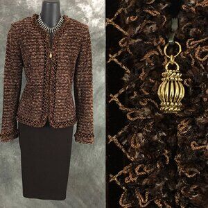 BEAUTIFUL St John couture knit brown tan fringe jacket skirt suit size 6 8